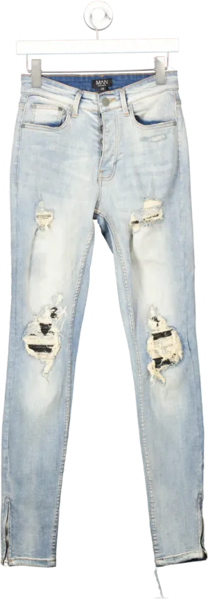 boohooMan Blue Skinny Stretch Rip And Repair Vintage Faded Jeans W28
