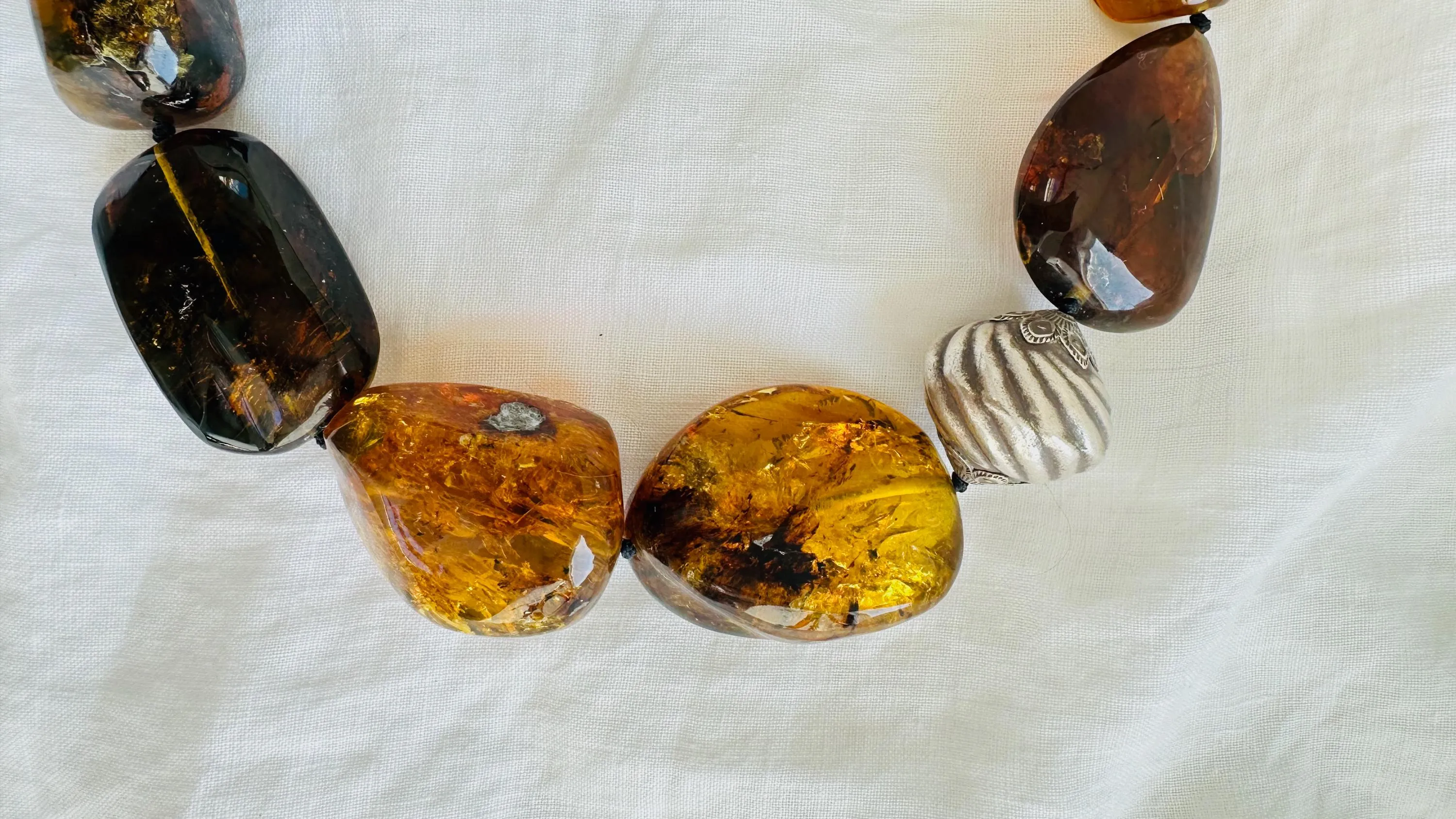 Dramatic Amber Necklace. Antique Sterling Silver Beads. Maximalist Designer Jewelry. 2390