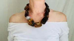 Dramatic Amber Necklace. Antique Sterling Silver Beads. Maximalist Designer Jewelry. 2390