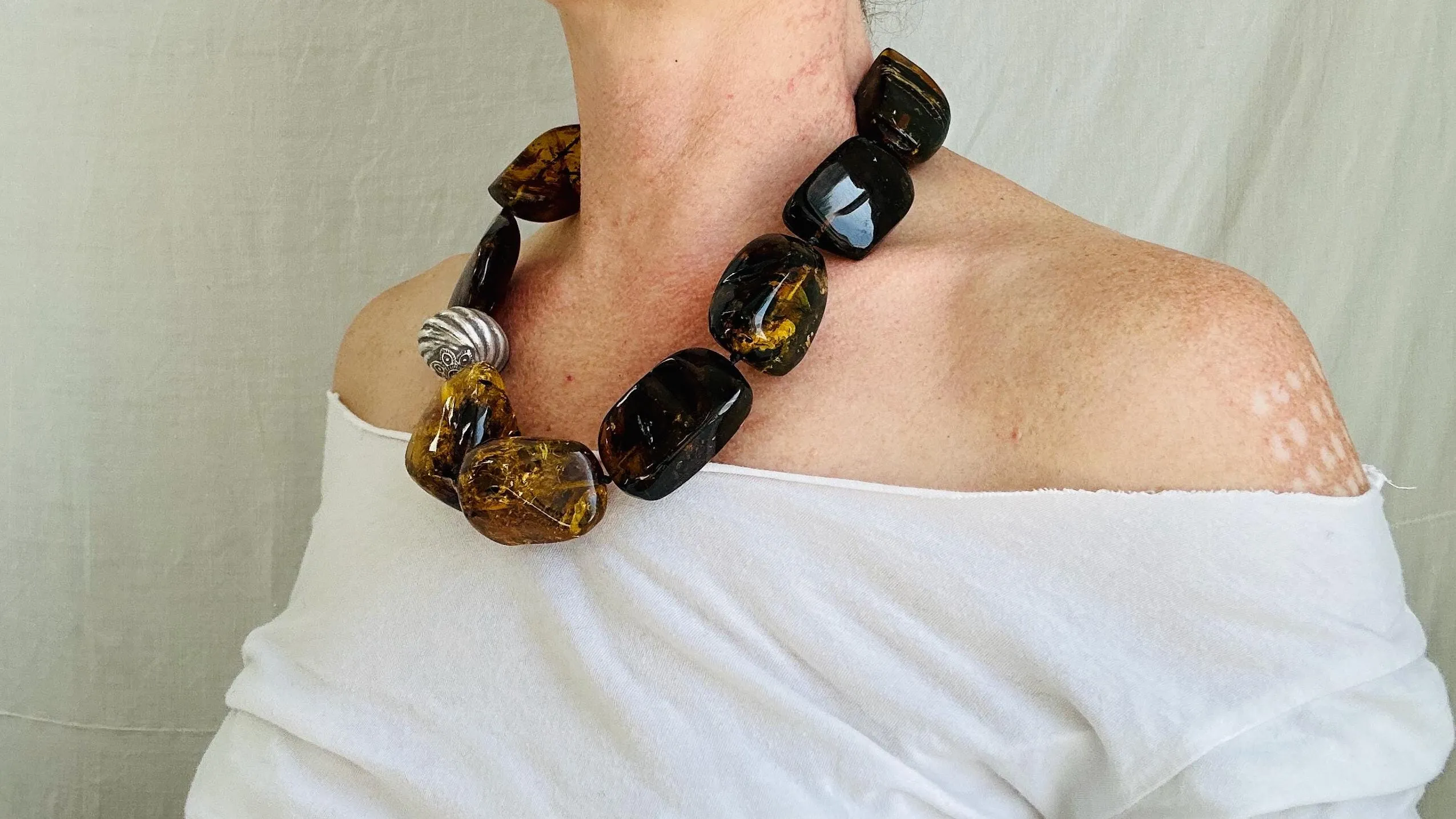 Dramatic Amber Necklace. Antique Sterling Silver Beads. Maximalist Designer Jewelry. 2390