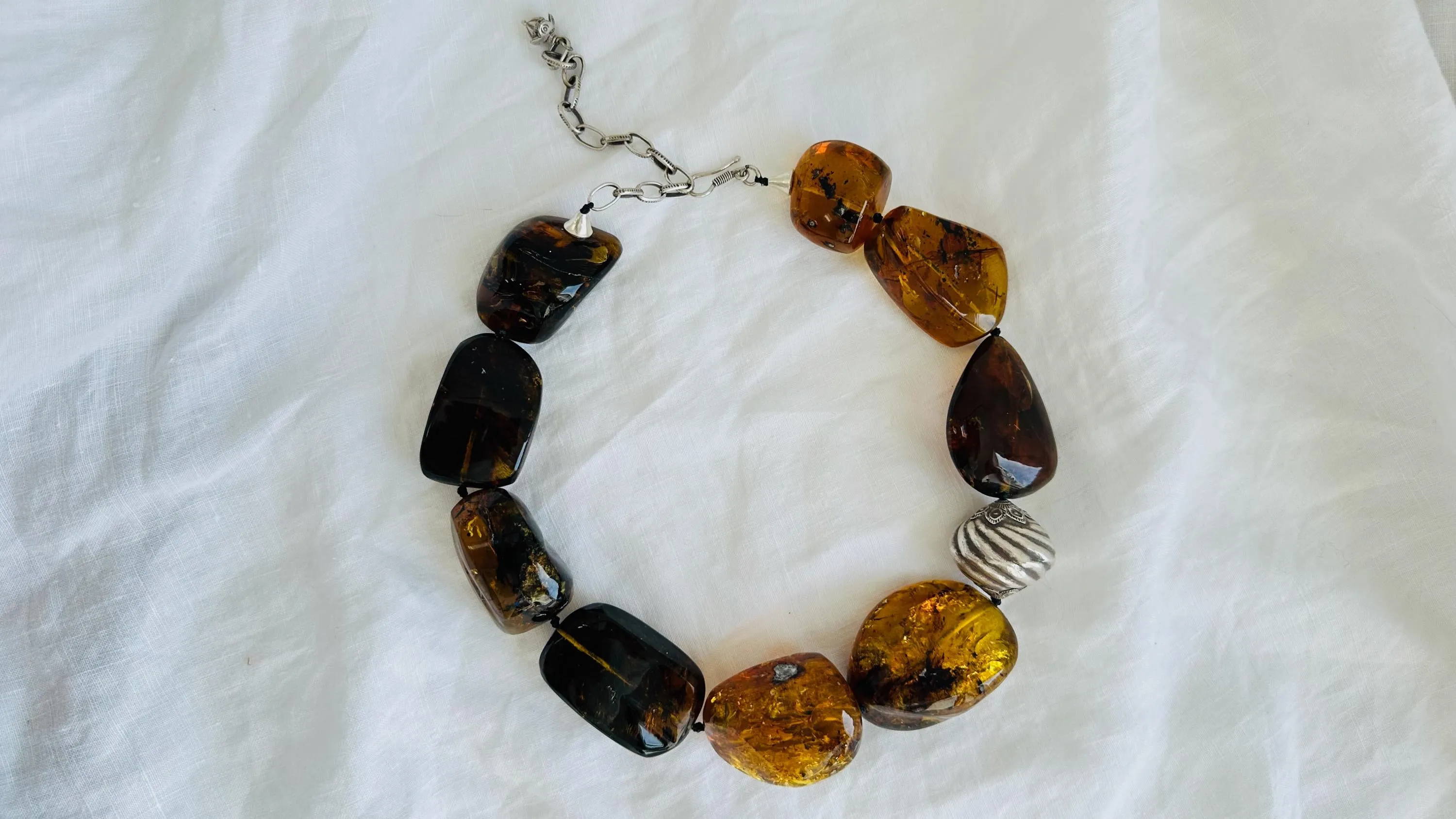 Dramatic Amber Necklace. Antique Sterling Silver Beads. Maximalist Designer Jewelry. 2390