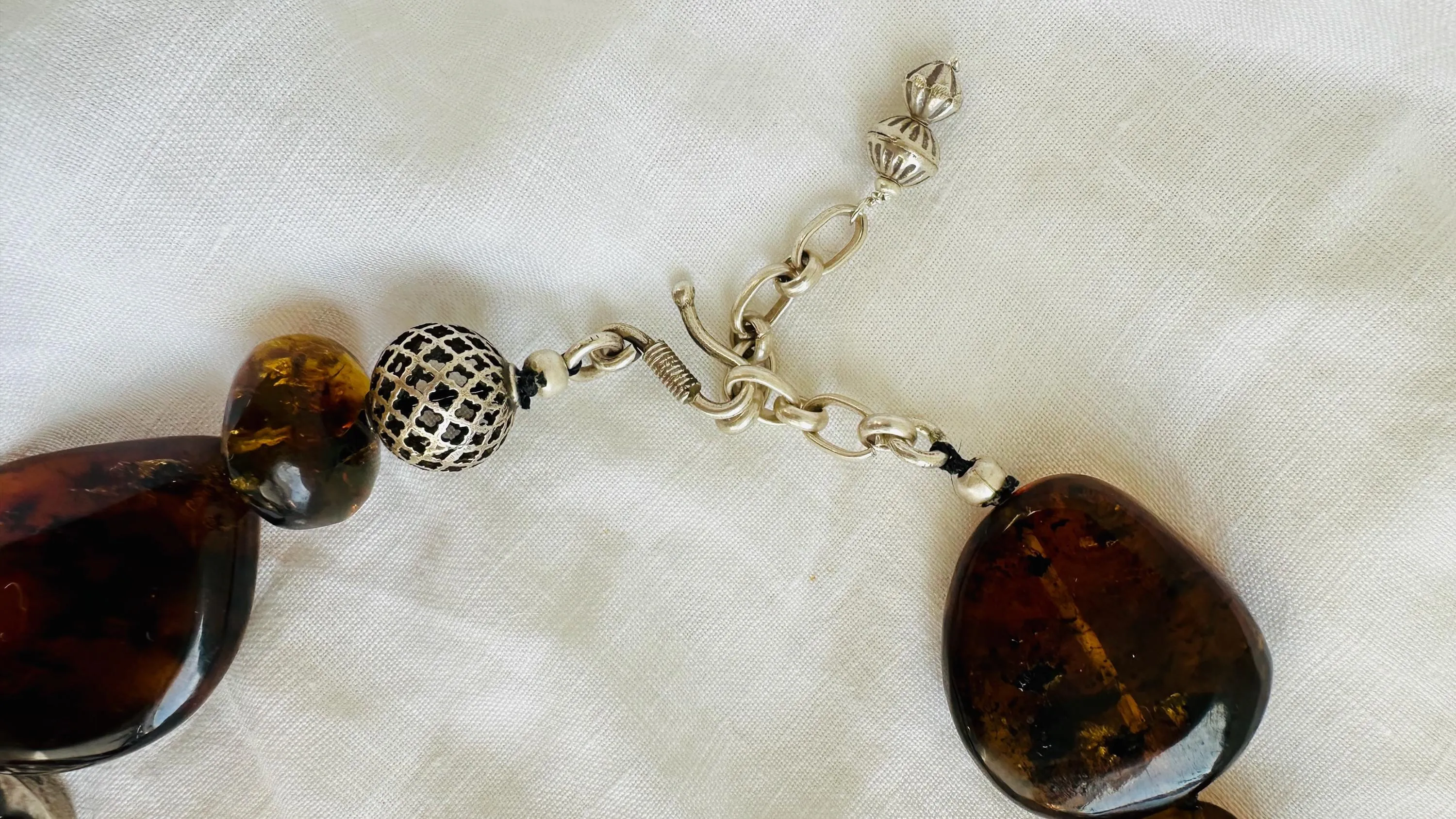 Dramatic Amber Necklace. Antique Sterling Silver Beads. Maximalist Designer Jewelry. IN COMPLIANCE with Etsy Regulations