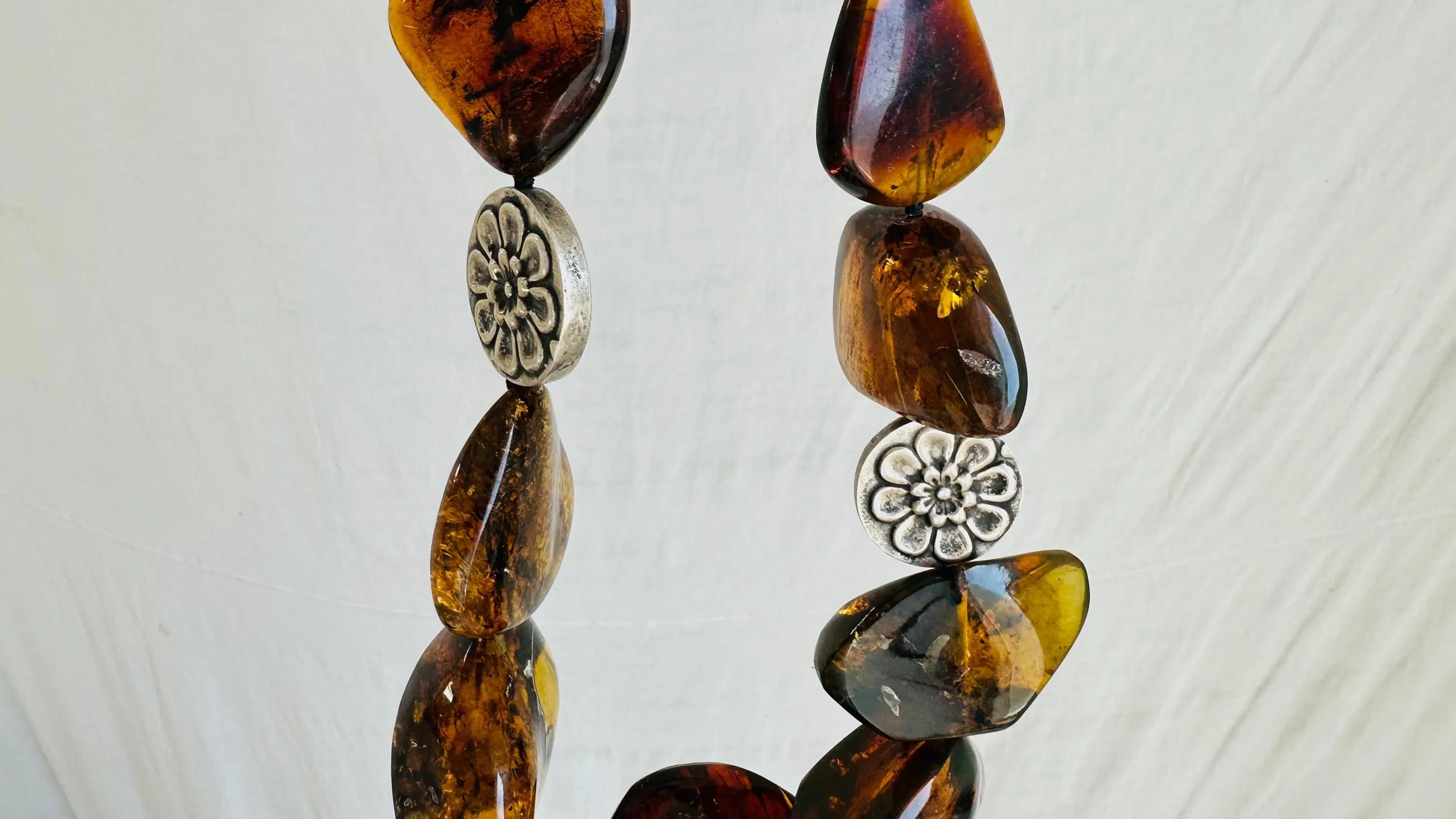 Dramatic Amber Necklace. Antique Sterling Silver Beads. Maximalist Designer Jewelry. IN COMPLIANCE with Etsy Regulations