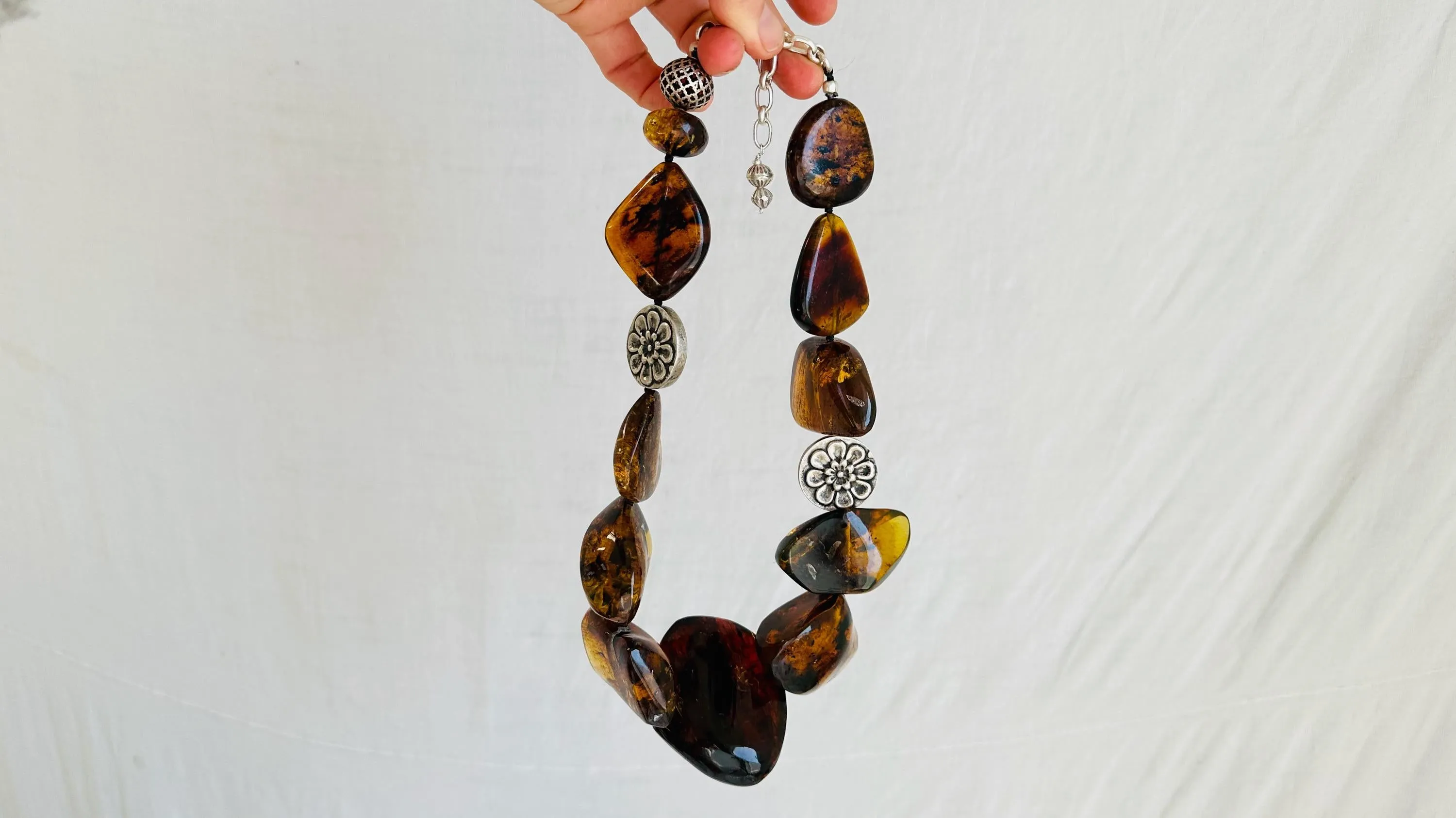 Dramatic Amber Necklace. Antique Sterling Silver Beads. Maximalist Designer Jewelry. IN COMPLIANCE with Etsy Regulations