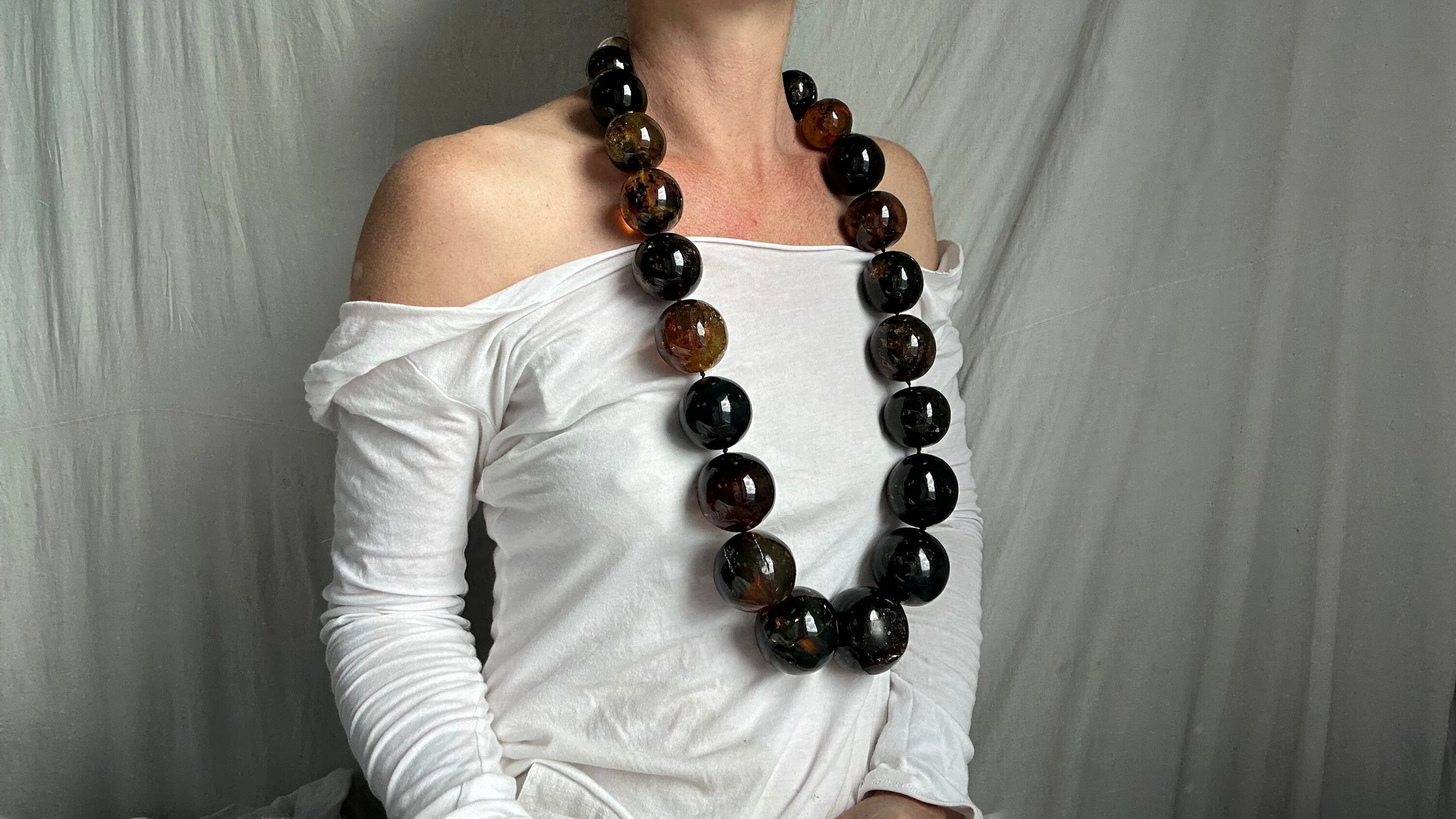 Huge Graduated Amber Round Bead Necklace. Dramatic and Gorgeous! 0870