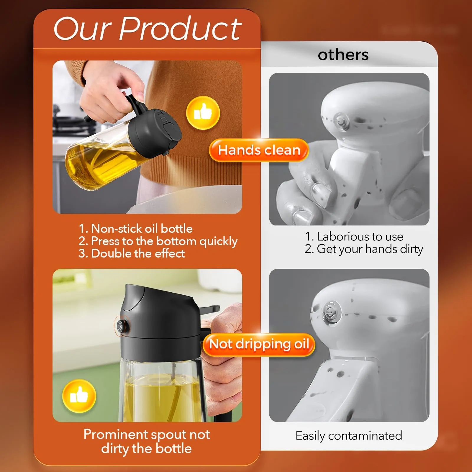 YARRAMATE Oil Sprayer for Cooking, 2 in 1 Olive Oil Dispenser Bottle for Kitchen, 16oz/470ml Premium Glass Oil Bottle, Food-grade Oil Mister for Air Fryer, Salad, Frying, BBQ (Black)