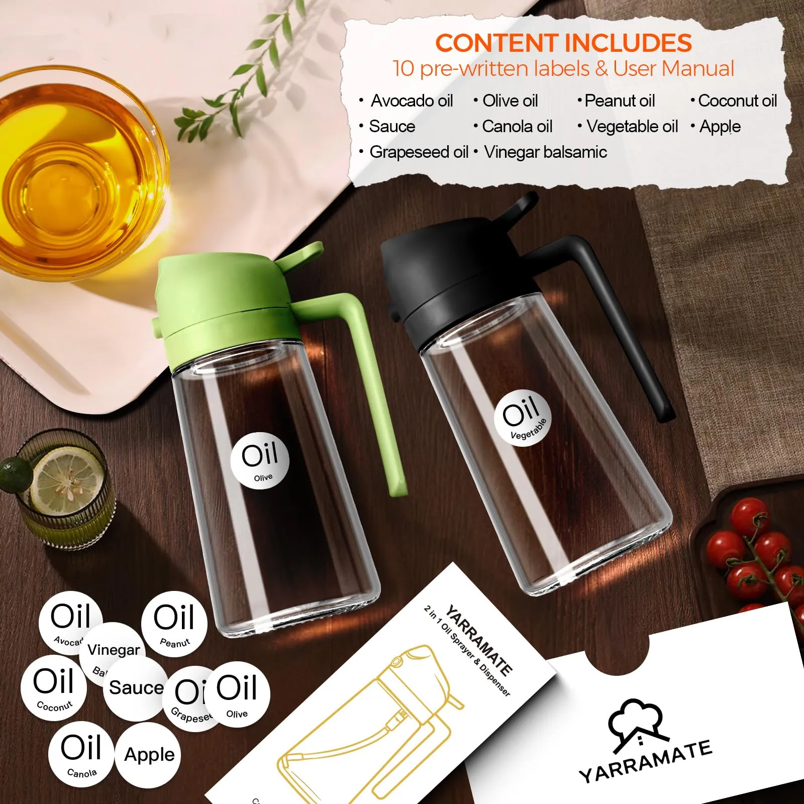 YARRAMATE Oil Sprayer for Cooking, 2 in 1 Olive Oil Dispenser Bottle for Kitchen, 16oz/470ml Premium Glass Oil Bottle, Food-grade Oil Mister for Air Fryer, Salad, Frying, BBQ (Black)