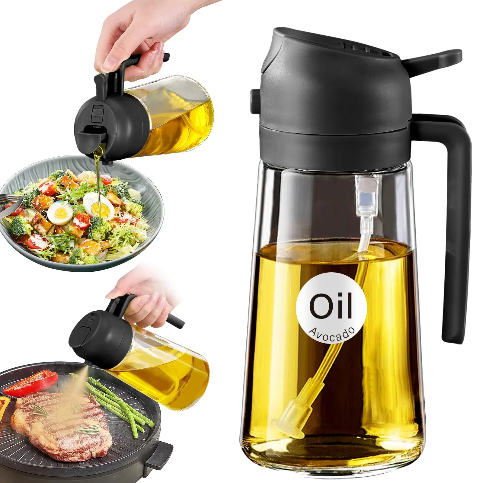 YARRAMATE Oil Sprayer for Cooking, 2 in 1 Olive Oil Dispenser Bottle for Kitchen, 16oz/470ml Premium Glass Oil Bottle, Food-grade Oil Mister for Air Fryer, Salad, Frying, BBQ (Black)